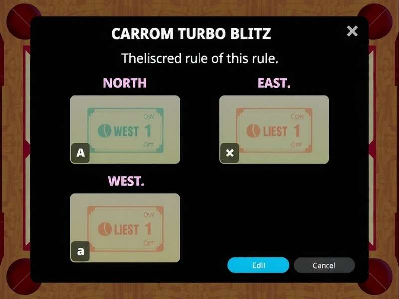 Carrom Turbo Blitz regional rule selection screen with North, South, East, West options