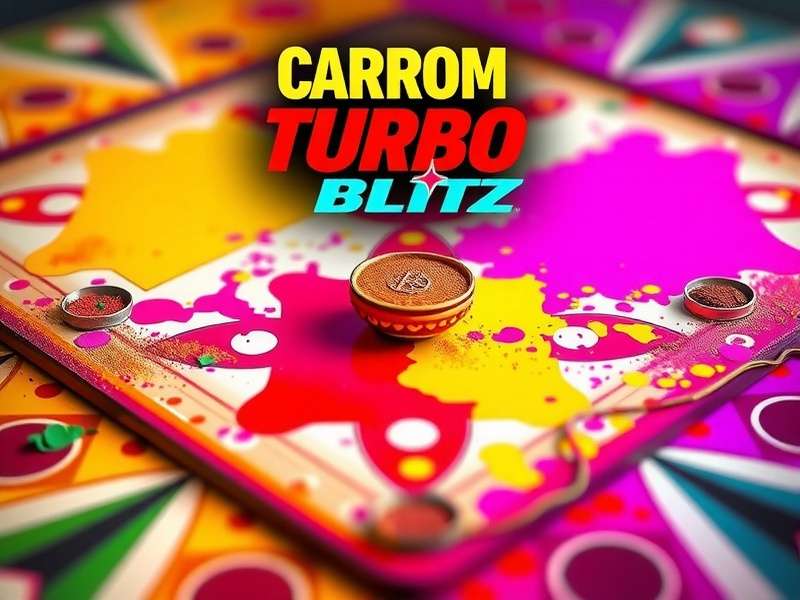 Carrom Turbo Blitz Holi event showing colorful gulal-covered board and rainbow striker trails