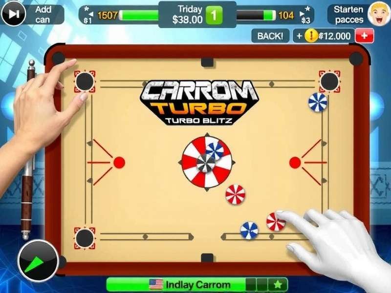 Carrom Turbo Blitz main screen showing fast-paced carrom action with Indian players